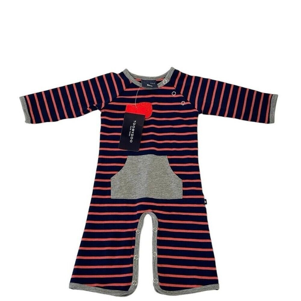 New! Toobydoo Infants Striped Bootcut Jumpsuit Size 3-6 M‎ Navy Blue Orange